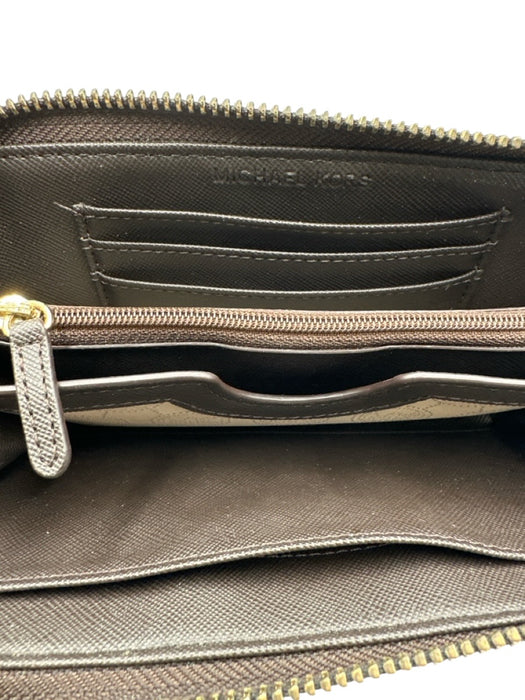 Michael Kors Brown & Beige Leather Gold Tone Hardware Monogram Zip Wallets Brown & Beige
