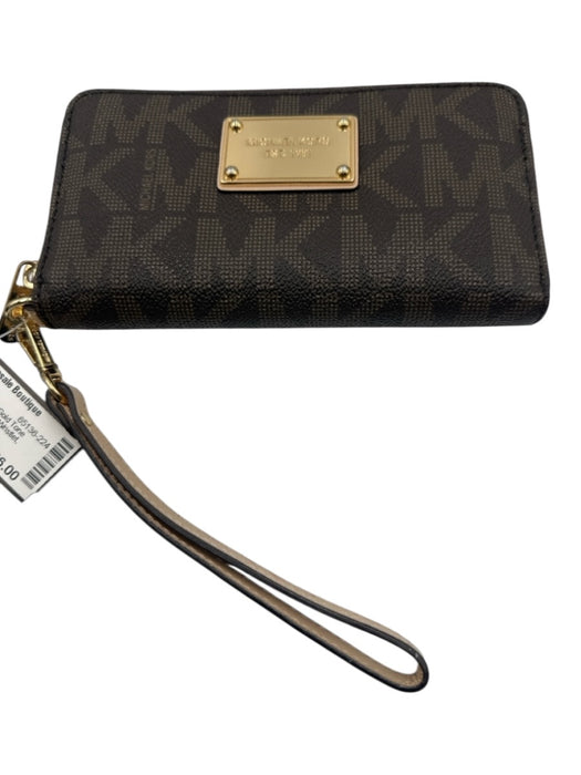Michael Kors Brown & Beige Leather Gold Tone Hardware Monogram Zip Wallets Brown & Beige
