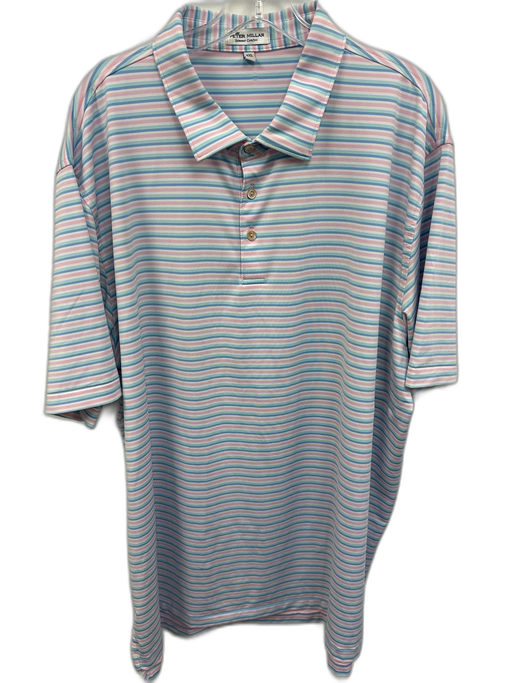 Peter Millar Size XXL Pink & White Synthetic Striped Polo Men's Short Sleeve Pink & White / XXL