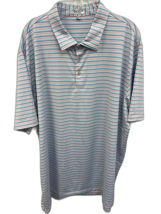 Peter Millar Size XXL Pink & White Synthetic Striped Polo Men's Short Sleeve Pink & White / XXL