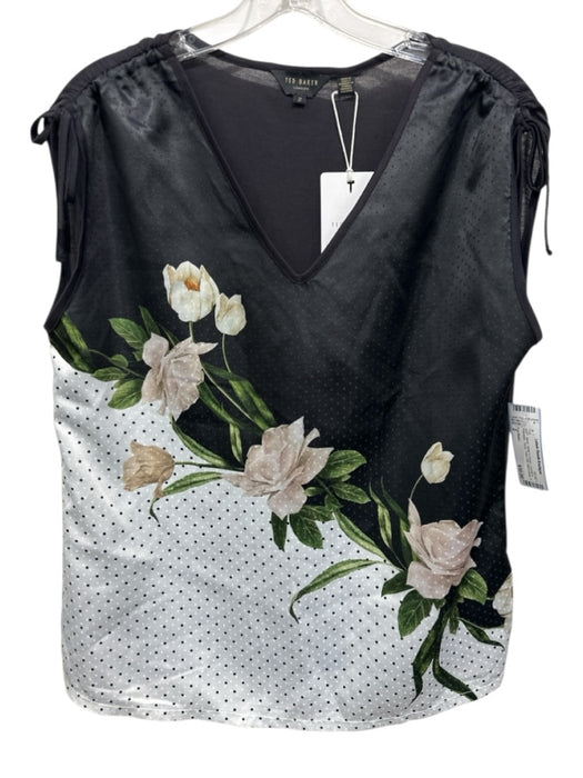 Ted Baker Size 2 Black, White & Green Lyocell & Polyester Floral Polka Dot Top Black, White & Green / 2