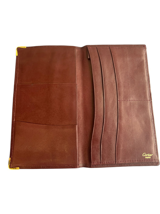Cartier Burgundy Calfskin Leather Gold finish metal corners Long Wallet Wallets Burgundy