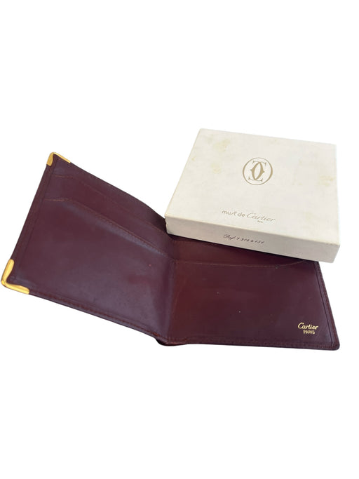 Cartier Burgundy Cowhide Leather Gold Tone Metal Corners Embellished Wallets Burgundy