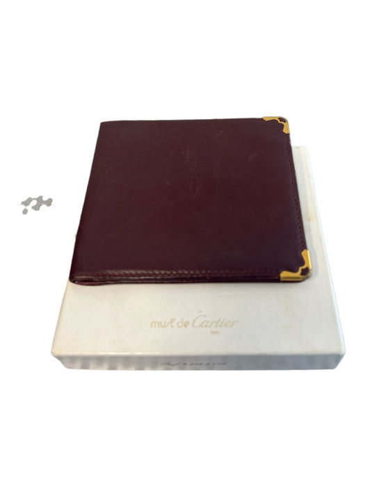 Cartier Burgundy Cowhide Leather Gold Tone Metal Corners Embellished Wallets Burgundy