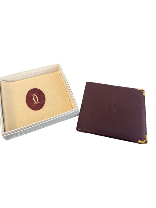 Cartier Burgundy Cowhide Leather Gold Tone Metal Corners Embellished Wallets Burgundy