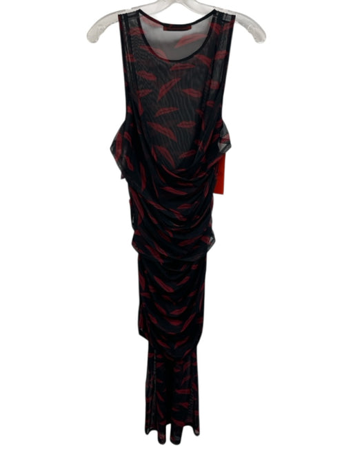 Simon Miller Size L Black & Red Polyester Sleeveless Sheer Gathered Lips Dress Black & Red / L