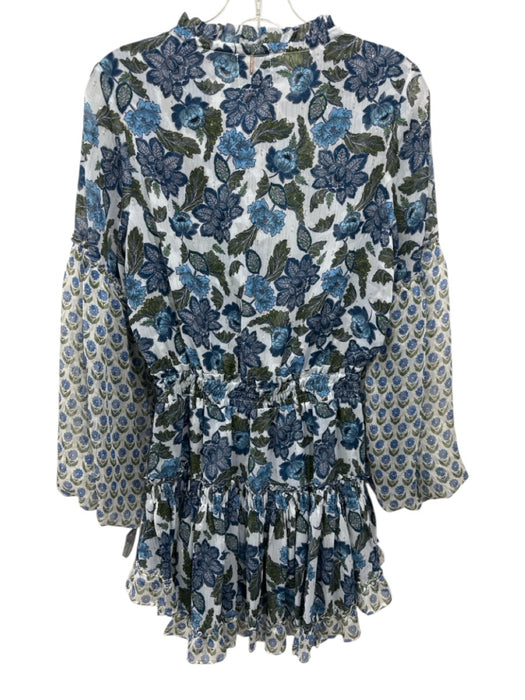Misa Size XS Blue & Green Polyester Blend Floral V Neck Ruffle Dress Blue & Green / XS