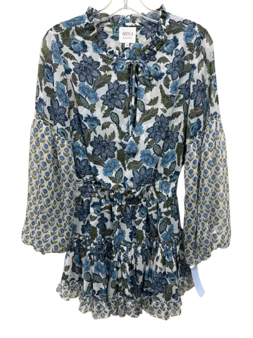 Misa Size XS Blue & Green Polyester Blend Floral V Neck Ruffle Dress Blue & Green / XS
