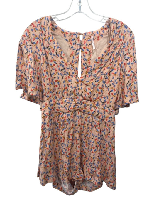 Free People Size 0 Pink, Blue & Red Viscose Blend Keyhole Back V Neck Romper Pink, Blue & Red / 0