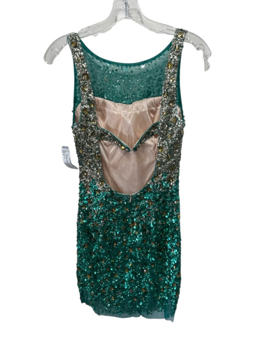 Sherri Hill Size 6 Teal Green & Gold Polyester Sequined Mesh Detail Dress Teal Green & Gold / 6
