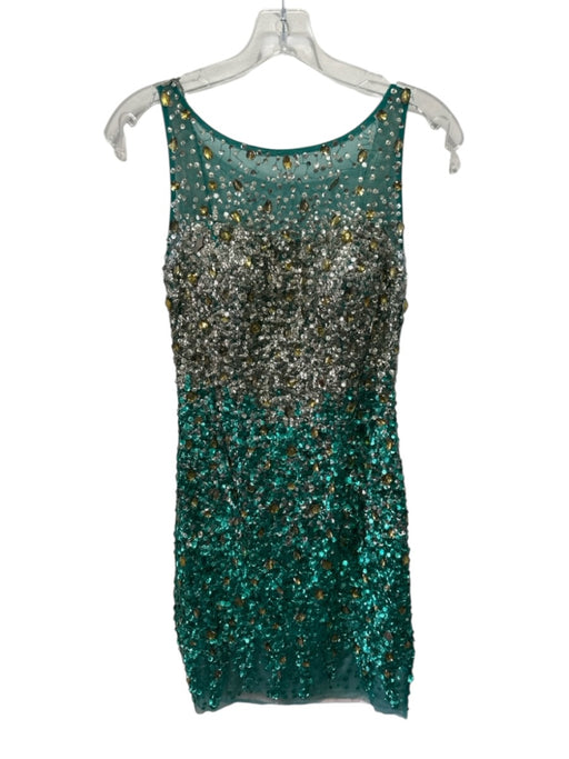 Sherri Hill Size 6 Teal Green & Gold Polyester Sequined Mesh Detail Dress Teal Green & Gold / 6