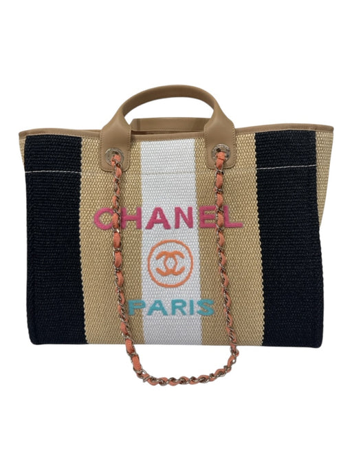 Chanel Beige, Black, White, Multi Raffia & Leather Snap Closure Tote Bag Bag Beige, Black, White, Multi / M/L