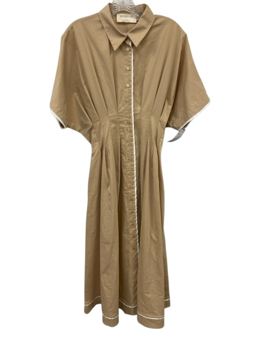 Exquise Size M Khaki Poly Blend Button Front Pintuck Collared Maxi Dress Khaki / M