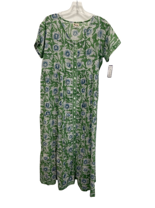 Karni Size S Green Cotton Printed Button Front Short Sleeve V Neck Dress Green / S