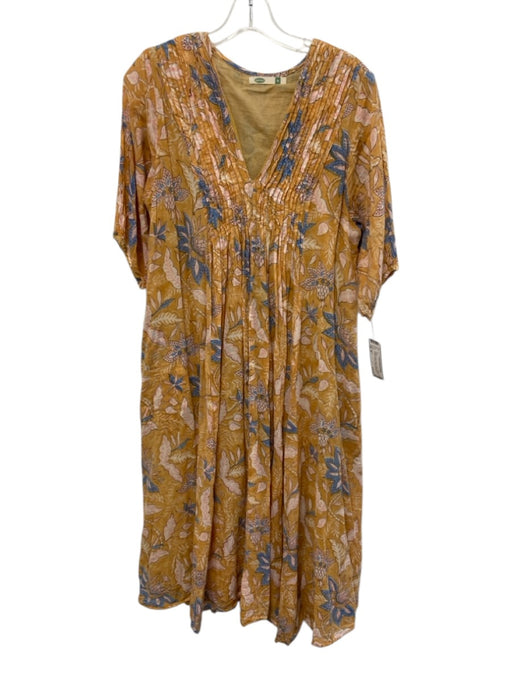Dolma Size M Orange & Multi Cotton V Neck Pintuck Printed 1/2 sleeve Dress Orange & Multi / M