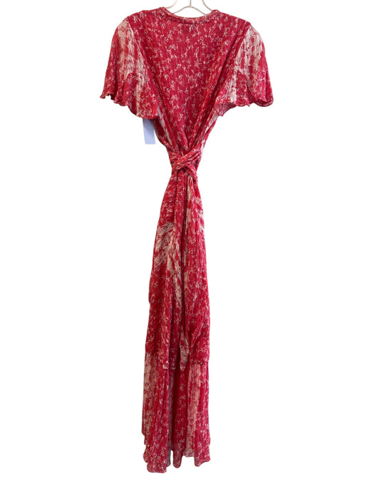 Tanya Taylor Size 2 Red & White Silk V Neck Short Flutter Sleeve Floral Dress Red & White / 2