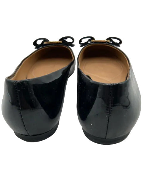 Ferragamo Shoe Size 6.5 Black Patent Leather Bow GHW Flats