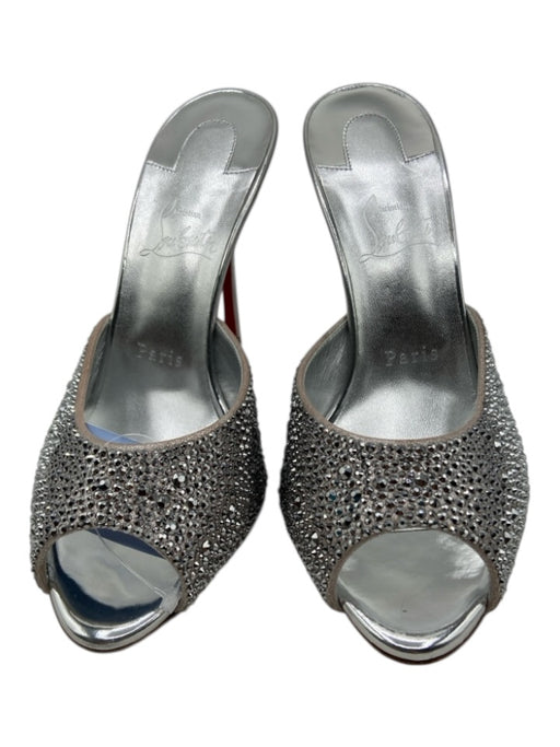 Christian Louboutin Shoe Size 38 Silver Leather Rhinestone Peep Toe Mule Pumps Silver / 38