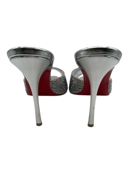 Christian Louboutin Shoe Size 38 Silver Leather Rhinestone Peep Toe Mule Pumps Silver / 38