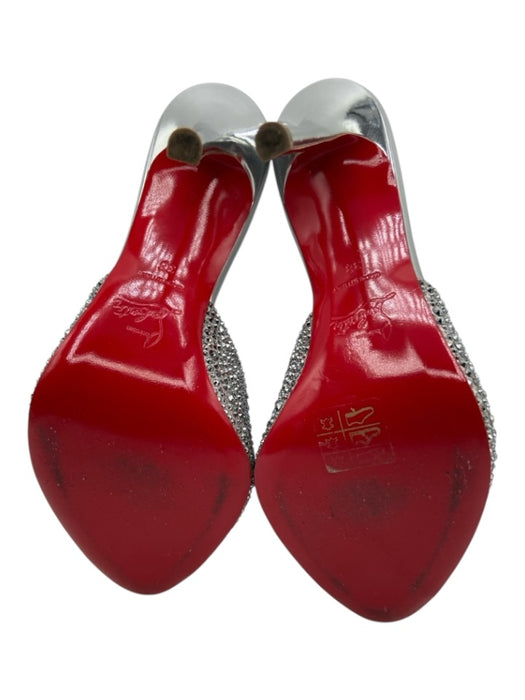 Christian Louboutin Shoe Size 38 Silver Leather Rhinestone Peep Toe Mule Pumps Silver / 38