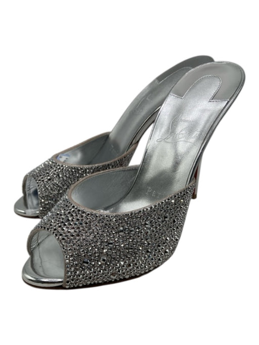 Christian Louboutin Shoe Size 38 Silver Leather Rhinestone Peep Toe Mule Pumps Silver / 38