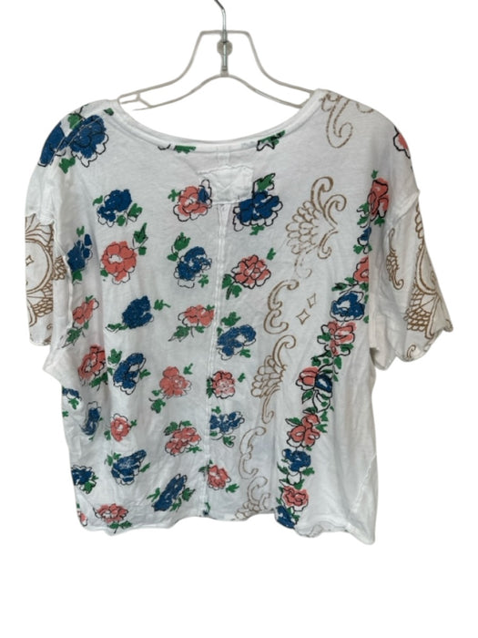 We The Free Size S Blue & Peach Cotton Short Sleeve Flowers Top Blue & Peach / S