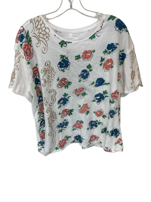 We The Free Size S Blue & Peach Cotton Short Sleeve Flowers Top Blue & Peach / S