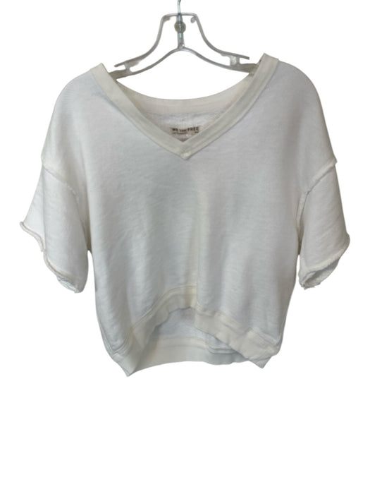 We The Free Size M Ivory Cotton Short Sleeve Raw Hem V Neck Top Ivory / M