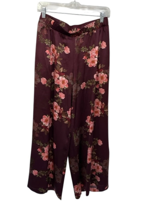 Johnny Was Size S Maroon & Pink Silk Elastic Waist Flowers Wide Leg Pants Maroon & Pink / S