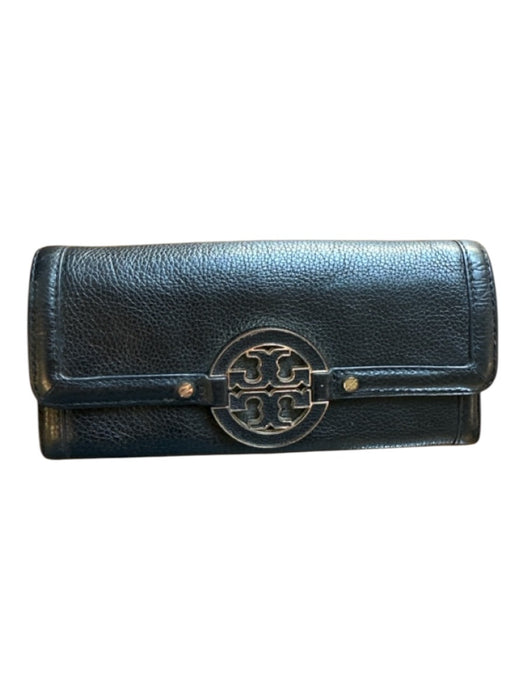 Tory Burch Black & Gold Leather Front Flap Pebbled Logo Wallets Black & Gold