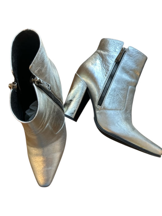 Balmain Shoe Size 38.5 Silver Leather Metallic Block Heel Side Zip Ankle Booties Silver / 38.5