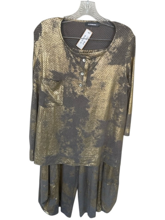 Alembika Size 3/L Gray & Gold Vegan Suede Elastic Waist Metallic Pant Set Gray & Gold / 3/L
