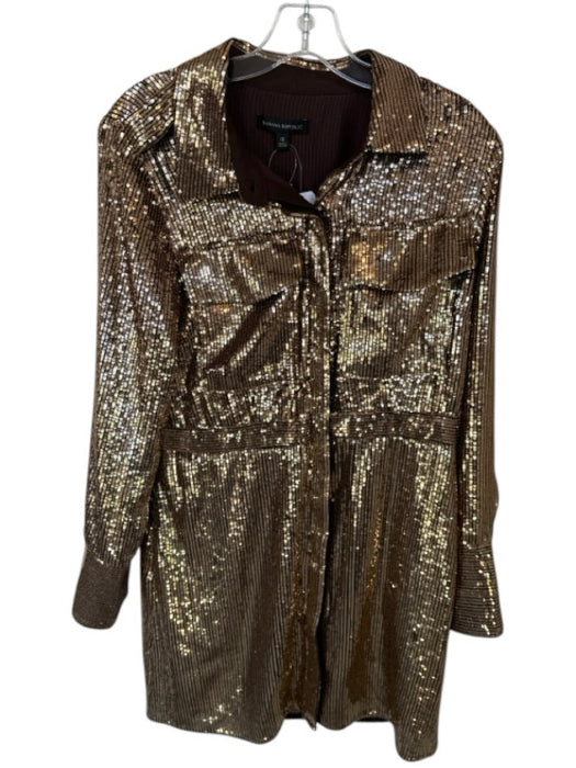Banana Republic Size 10 Gold Sequin Long Sleeve Button Down Front Pockets Dress Gold / 10