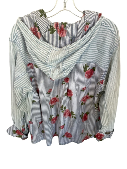 We The Free Size M Blue & Red Cotton Hood Flowers Striped Button Down Jacket Blue & Red / M