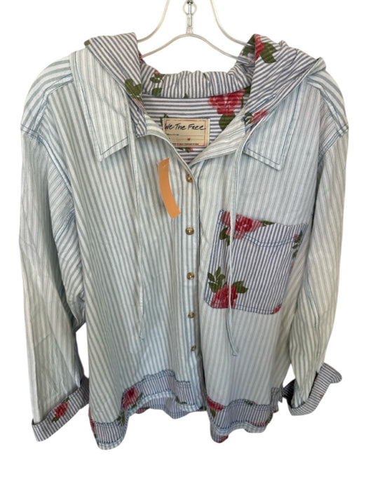 We The Free Size M Blue & Red Cotton Hood Flowers Striped Button Down Jacket Blue & Red / M