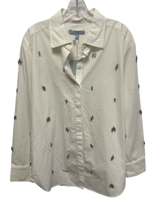 Antonio Melani Size M White Cotton Embellished Long Sleeve Poplin Top White / M