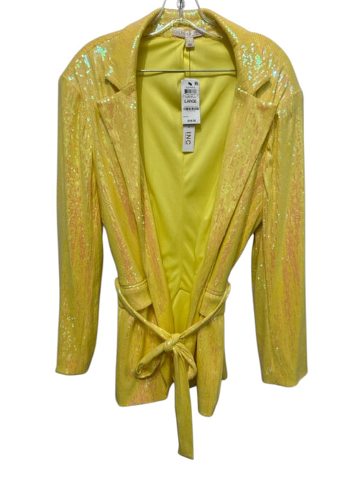Inc Size L Lemon Yellow Cotton Sequined Tie belt Shoulder Pads Blazer Pant Set Lemon Yellow / L