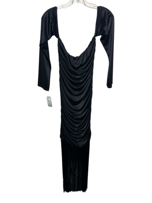 Delfi Collective Size L Black Nylon Blend Ruched Fringe Detail Satin Dress Black / L
