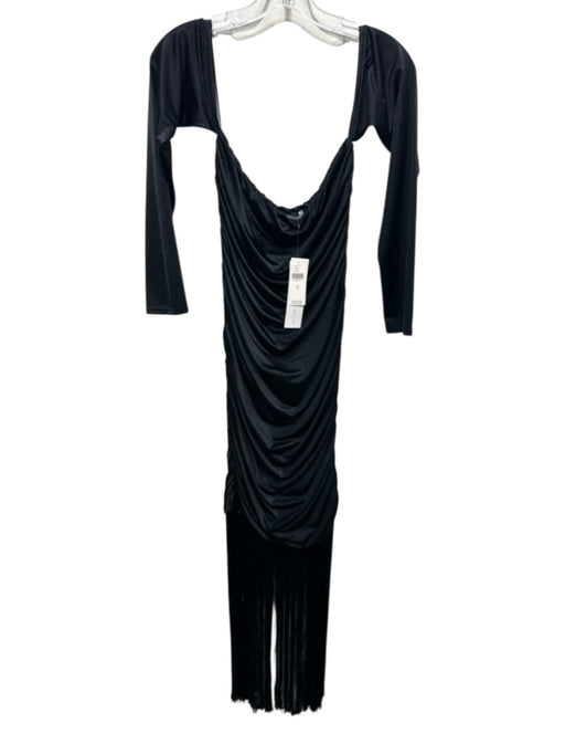 Delfi Collective Size L Black Nylon Blend Ruched Fringe Detail Satin Dress Black / L
