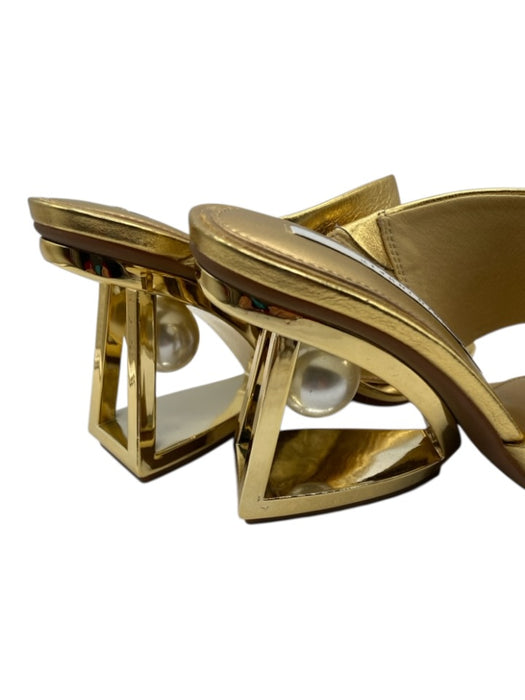 Gianni Bini Shoe Size 7.5 Gold Leather Square Toe Sculptural Heel Sandals Gold / 7.5