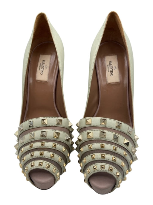 Valentino Shoe Size 38 Beige Leather Studded Mesh Detail Peep Toe Stiletto Pumps Beige / 38