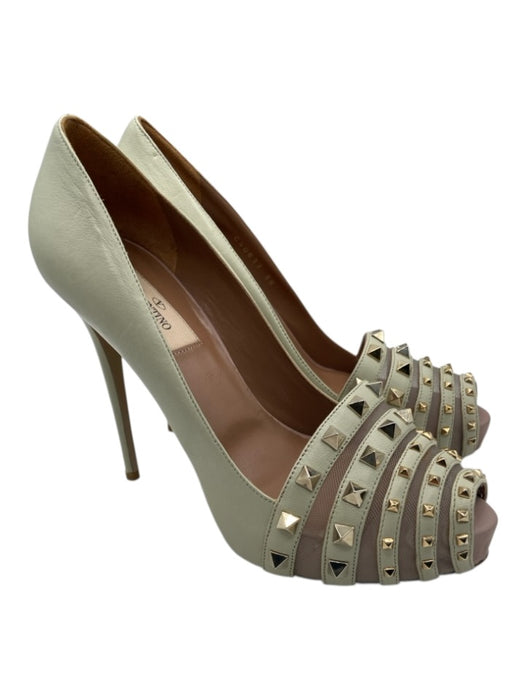 Valentino Shoe Size 38 Beige Leather Studded Mesh Detail Peep Toe Stiletto Pumps Beige / 38