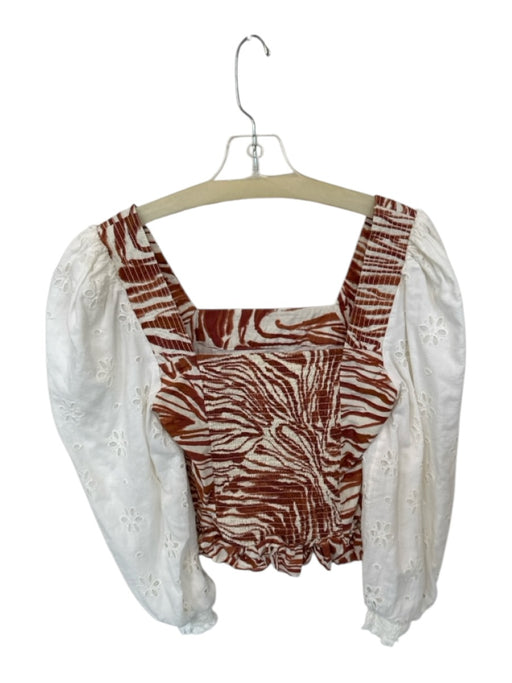 Love The Label Size S Brown & White Cotton 3/4 Balloon Sleeve Wood Grain Top Brown & White / S