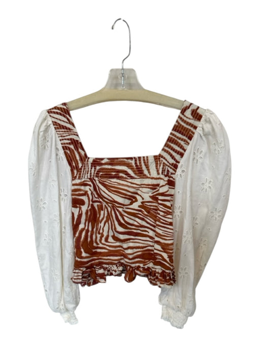 Love The Label Size S Brown & White Cotton 3/4 Balloon Sleeve Wood Grain Top Brown & White / S