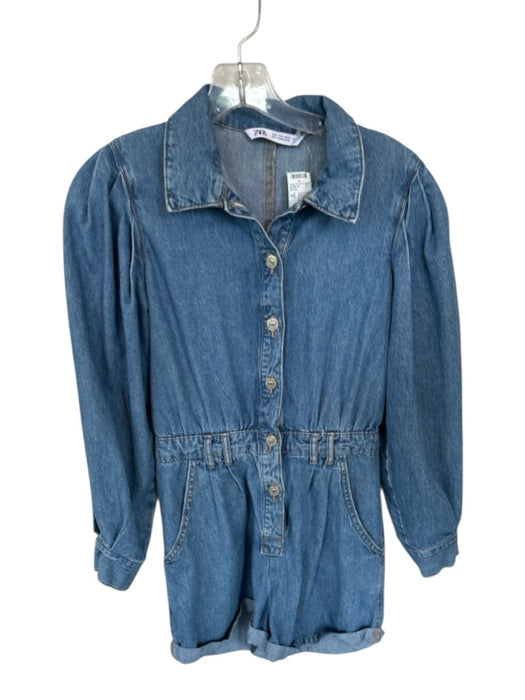 Zara Size S Med Wash Cotton Blend Denim Long Sleeve Collar Shorts Romper Med Wash / S