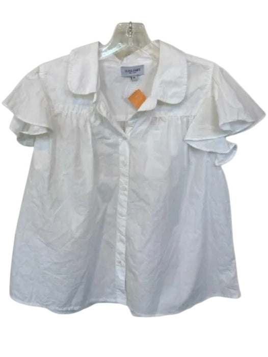 Olivia James Size M White Cotton Flutter Sleeves Collar Button Down Top White / M
