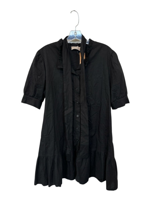 Sofia Size Est S Black Cotton Short Balloon Sleeve Button Down Belted Dress Black / Est S