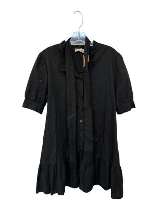 Sofia Size Est S Black Cotton Short Balloon Sleeve Button Down Belted Dress Black / Est S
