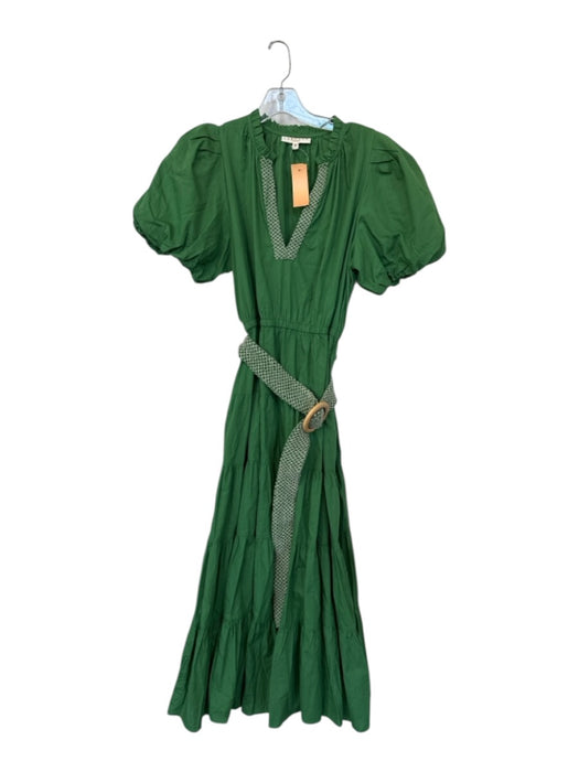 LaRoque Size M Green & Tan Cotton Short Balloon Sleeve Smocked Detail Dress Green & Tan / M
