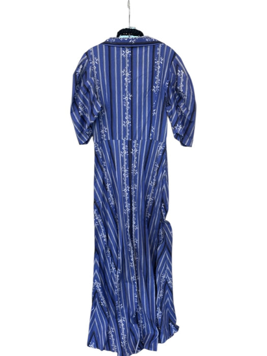 KLEID Size L Blue & Gray Cotton Short Sleeve Lines Flowers Rope Belt Dress Blue & Gray / L